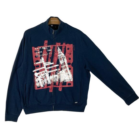 NWOT FRENCH CONNECTION Sweatshirt Track Jacket XL Navy Graphic-Art-London Zip - Picture 1 of 9
